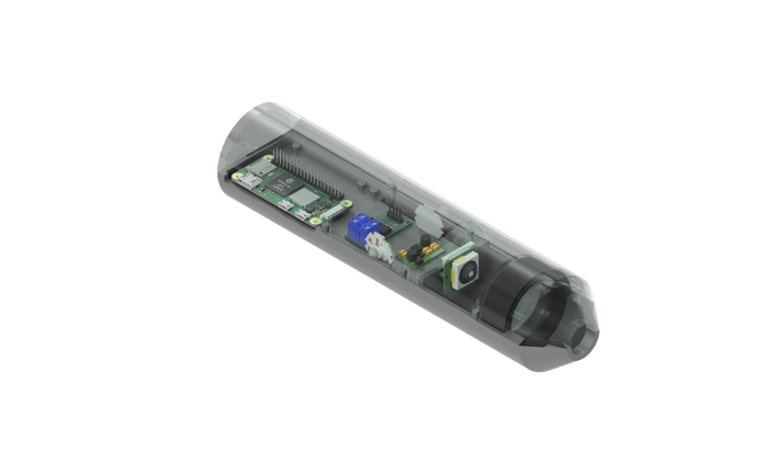 CAD rendering of the Retinex retinal camera showing internal optical, illumination, and electronic components.